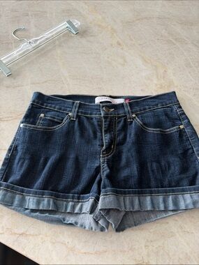 Dark Blue Denim Rolled Hem Jean Shorts - Women's